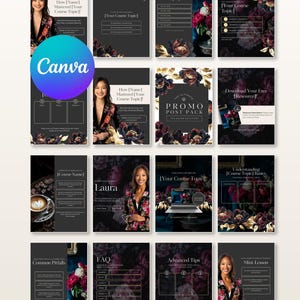 May include: A collection of digital social media templates featuring dark floral backgrounds with gold accents. The layouts include placeholders for text, course topics, FAQs, and images of a person in a floral blazer, with the Canva logo visible.