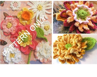 Flower Crochet PATTERNS - Crochet Mnums plus Collection of 8 Crocheted Flower Appliques - Instant Download