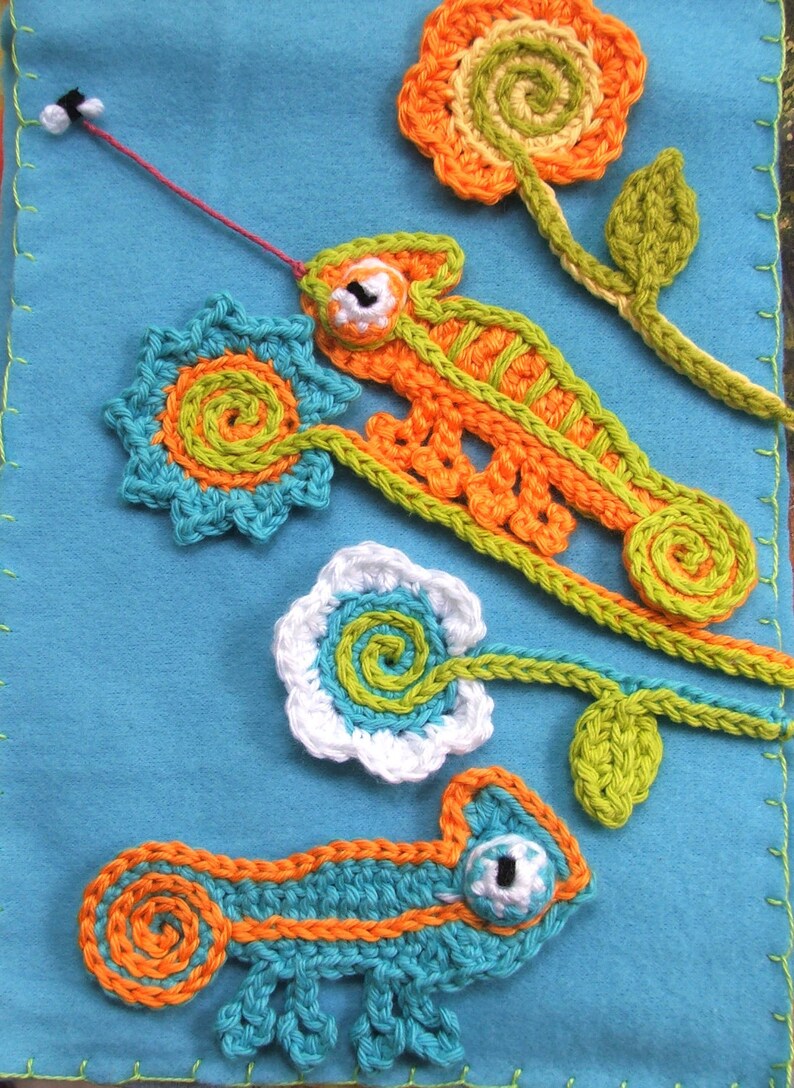 PATTERN CHAMELEON pdf Crochet Pattern for applique, FLOWERS, and small wall hanging image 2