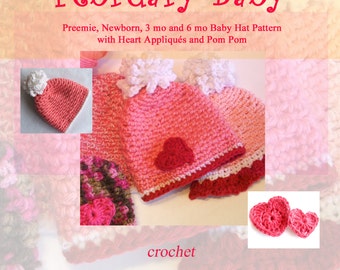 Baby Hat Pattern - February Valentine's Hat - Instant Download for Fast and Easy Basket Stitch Valentine's Baby Cap with Pom and Hearts