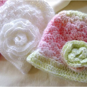Neue BABY MützE SCHNITTMUSTER! Susan&#39;s Baby Shell Stitch Hat und Rose - schneller und einfacher Häkelanleitung