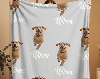 Dog Cat Picture Bedding Blanket With Text, Customized Name Photo Pet Blanket, Memorial Pet Face Loss Keepsake Gift
