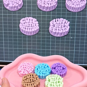 May include: A collection of circular 3D-printed plaques featuring phrases including Social Battery 1%, Not Today Bestie, Mentally On Vacation, Cute With Attitude, and Fluffy But Feisty. The plaques are displayed in various pastel colors on a pink cloud-shaped tray.