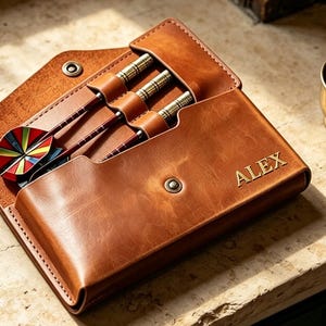 Puede incluir: Un estuche de cuero color canela para dardos con cierre de broche y el nombre ALEX grabado en la parte frontal. El estuche abierto contiene tres dardos con barriles metálicos y plumas coloridas con patrones. El cuero tiene un acabado mate.