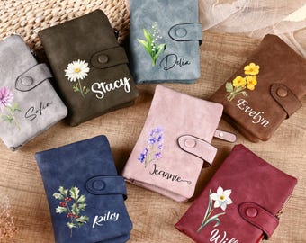 Personalized Name & Birth Month Flower Wallet | Custom Card Wallet Leather Wallet for Girls | Name Purse Gift for Mother Birthday gifts