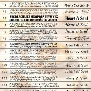 May include: A display of font options, labeled F1 through F14, showcasing various styles for text. Each font is presented with the alphabet and numbers 1234567890, alongside an example using the words "Heart & Soul."