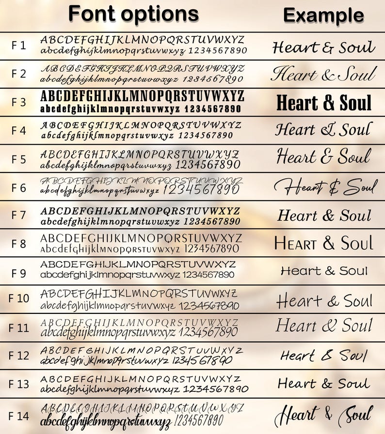 May include: A display of font options, labeled F1 through F14, showcasing various styles for text. Each font is presented with the alphabet and numbers 1234567890, alongside an example using the words "Heart & Soul."