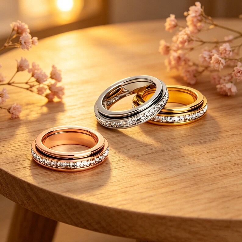 May include: Three rings in rose gold, silver, and gold, each with a band of clear, square-cut stones. The rings are displayed on a wooden surface, with soft lighting and pink flowers in the background. The rings are a jewelry item.