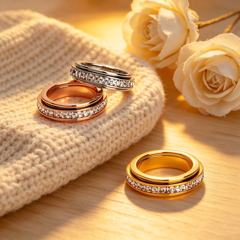 May include: Three rings in gold, rose gold, and silver, each with a band of clear, sparkling stones. The rings are displayed on a cream-colored knitted surface, with soft lighting and a blurred background of white roses.