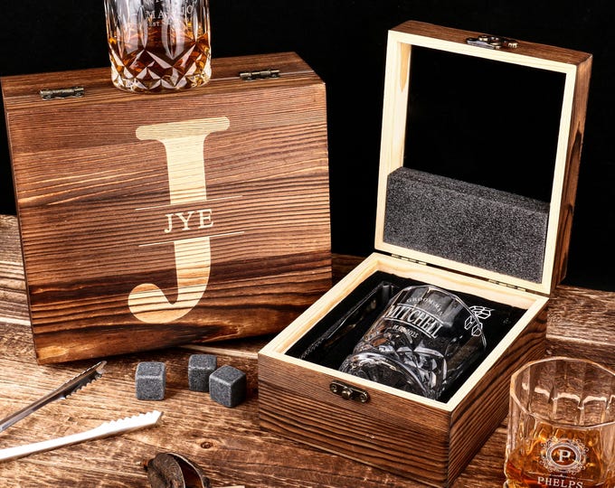 Personalized Whiskey Glass Set with Wooden Box | Groomsmen Gift | Groomsman Proposal | Men Wedding Gift Ideas | Whiskey Set for Him