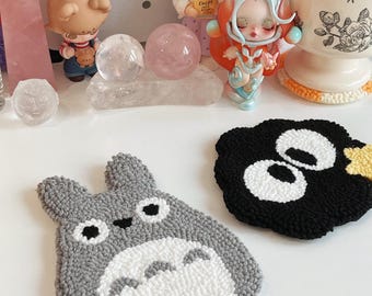 totoro mug rugs, soot sprite mug rugs handmade coasters, punch needle mug rugs, home decor, office decor, Ghibli coasters, susuwatari