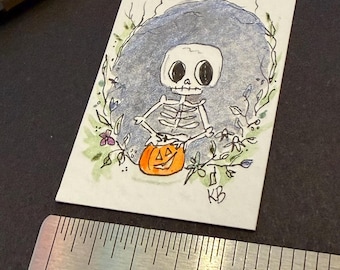 Halloween  skeleton portrait - one of a kind tiny teensie Hand-Drawn Art