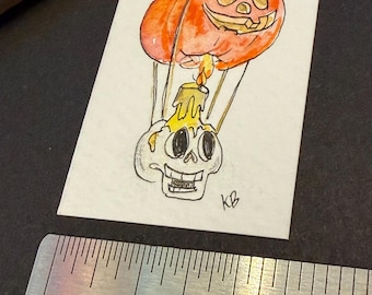 Halloween  pumpkin hot air balloon - one of a kind tiny teensie Hand-Drawn Art