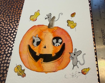 Mousey Jack O’lantern - small watercolor painting 6x4inch