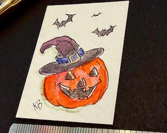 Halloween  pumpkin in witch hat - one of a kind tiny teensie Hand-Drawn Art