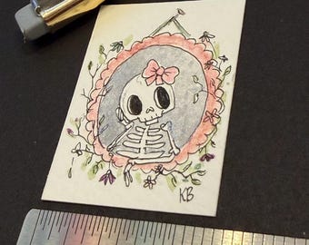 Halloween girlie skeleton portrait - one of a kind tiny teensie Hand-Drawn Art