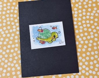 Turtle underwater with goldfishy friends - Teensie Hand-Drawn Art