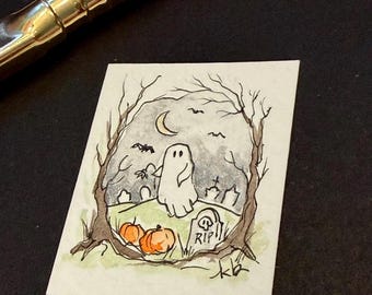 Halloween  ghost in graveyard - one of a kind, tiny teensie hand-drawn watercolor and ink art