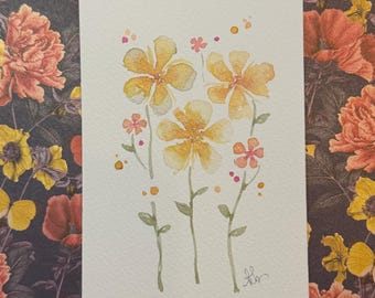 Autumn color flowers  - small watercolor painting 4x6 inch