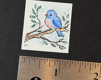 Blue bird on a branch - Teensie Hand-Drawn Art