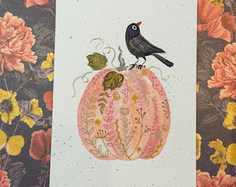 Autumnal Pumpkin with Crow  - small watercolor painting 4x6 inch