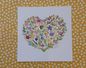 3in x 3 in Watercolor tiny floral heart PAINTING with glittery accents - not a print