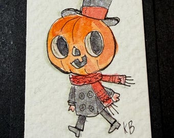 Halloween  retro pumpkin guy - one of a kind, tiny teensie Hand-Drawn watercolor and ink Art