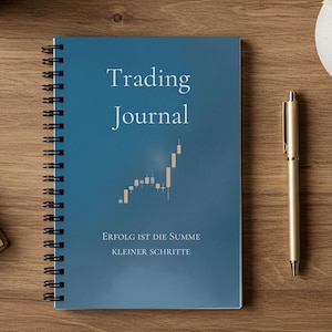 Könnte beinhalten: Ein blaues Spiralnotizbuch mit den Worten "Trading Journal" in Weiß. Darunter eine Grafik eines Aktiencharts. Ein goldener Stift liegt auf einer Holzoberfläche neben dem Notizbuch.