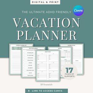 Puede incluir: Un planificador de vacaciones imprimible con 17 páginas de apoyo. El planificador incluye secciones para una lista de empaque general, consejos para planificar, planes diarios, presupuesto y empaque por bolsa. El planificador está diseñado para ser amigable con el TDAH.