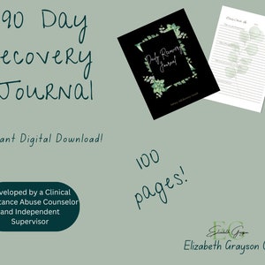 Può includere: Un download digitale di un diario di recupero di 90 giorni con 100 pagine. La copertina presenta uno sfondo nero con una cornice bianca e vegetazione verde. Il testo "Daily Recovery Journal" è scritto in bianco con caratteri corsivi. Il diario è stato sviluppato da un consulente clinico per l'abuso di sostanze e un supervisore indipendente.