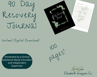 Pode incluir: Um download digital de um diário de recuperação de 90 dias com 100 páginas. A capa apresenta um fundo preto com uma moldura branca e folhagem verde. O texto "Daily Recovery Journal" está escrito em branco com fonte de caligrafia. O diário foi desenvolvido por um conselheiro clínico de abuso de substâncias e um supervisor independente.