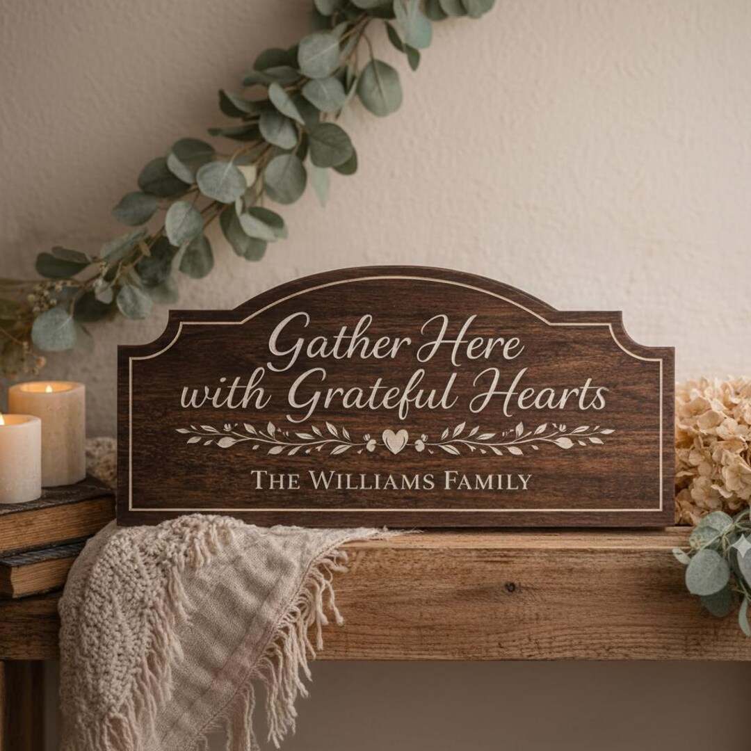 Personalized Family Name Wooden Sign, Gather Here Grateful Hearts ...