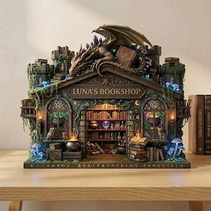 Gepersonaliseerd bord drakenboekenwinkel, fantasie gotisch bibliotheekdecor, houten boekenplankkunst