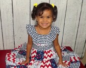 Anchor Nautical Chevron Red White Blue Patchwork Twirl Dress Girls