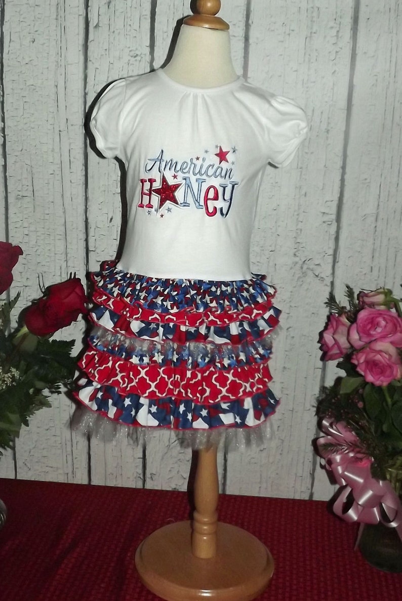 American Honey Red White and Blue Stars Fourth of July Ruffled T-Shirt Dress 