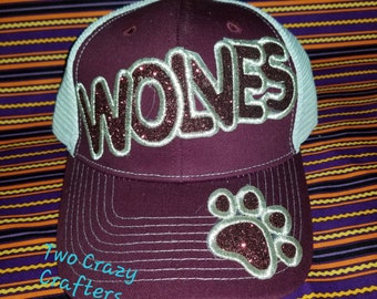 Wolves Football Baseball School Spirit Appliqued Embroidered Hat, Monogrammed Cap, Baseball Cap, Trucker Cap