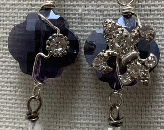 Purple crystal beaded fleur-de-lis charm earrings,drop earrings