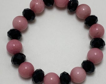 Pink stone and Faceted black bead bracelet,pink stone beads , glass faceted beads , handmade bracelet