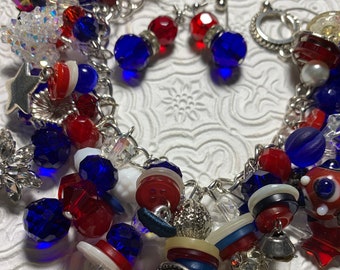 Patriotic beaded charm bracelet, handmade beaded bracelet