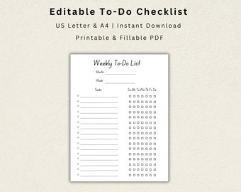 印刷可能で編集可能なデジタル To-Do チェックリスト PDF、記入可能なフィールド付き、A4 およびレター、週次、即時ダウンロード