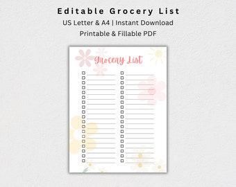 食料品リストの印刷可能および編集可能なテンプレート、食品買い物リスト、買い物リスト、食料品買い物プランナー A4/レター、即時ダウンロード