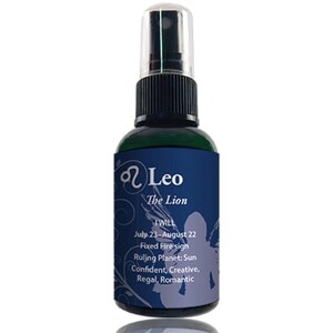 May include: A clear glass bottle with a black spray top and a blue label. The label features the astrological symbol for Leo, the words "Leo" and "The Lion", and the text "I WILL July 23-August 22 Fixed Fire sign Ruling Planet: Sun Confident, Creative, Regal, Romantic".