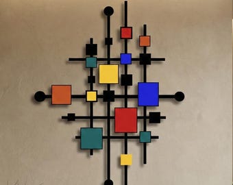 Bauhaus Modern Decor, Mid Century Modern Metal Wall Art, Large Geometric Wall Decor, Abstract Colorful Wall Sculpture