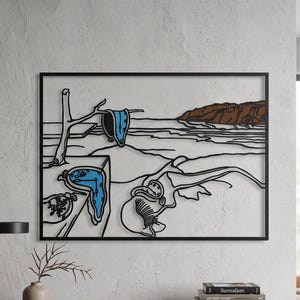 May include: A rectangular black metal wall art piece featuring a linear depiction of a landscape with melting clocks. The design includes a bare tree branch, a block structure, and a central figure, with two clocks highlighted in bright blue.