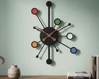 Mid Century Modern Wall Clock, Atomic Starburst Clock, Colorful Metal Wall Clock, Retro Wall Clock, Large Modern Atomic Age Wall Decor