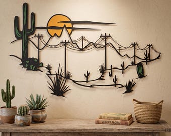 Desert Cactus Metal Wall Art with Sunset – Southwestern Landscape Wall Decor, Arizona Desert Scene, Nature Inspired Metal Sign