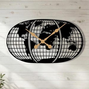 Large World Map Metal Wall Clock, Modern Black Globe Wall Art Clock, Oversized Map Clock, Travel Lover Gift, Office Wall Decor