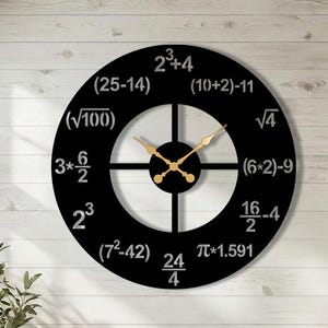 May include: A round black wall clock featuring gold-coloured hands and mathematical equations at each hour position, including 2^3+4, (10+2)-11, √4, (6*2)-9, 16/2-4, π*1.591, 24/4, (7^2-42), 2^3, 3*6/2, (√100), and (25-14).