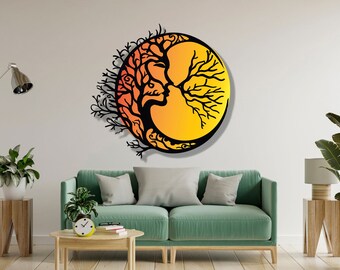 Mystical Faces Tree Metal Wall Art: Sun and Moon Decor