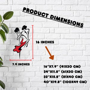 May include: A black and red wall decal depicting a couple dancing, with text reading PRODUCT DIMENSIONS, 16 INCHES, 7.9 INCHES, and a list of sizes including 16x7.9 inches, 24x11.8 inches, 32x15.8 inches, and 40x19.8 inches with metric equivalents.